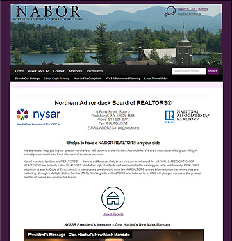 Thumbnail portfolio screenshot of the Northern Adirondack Board of Realtors nadkbor.com website. 334